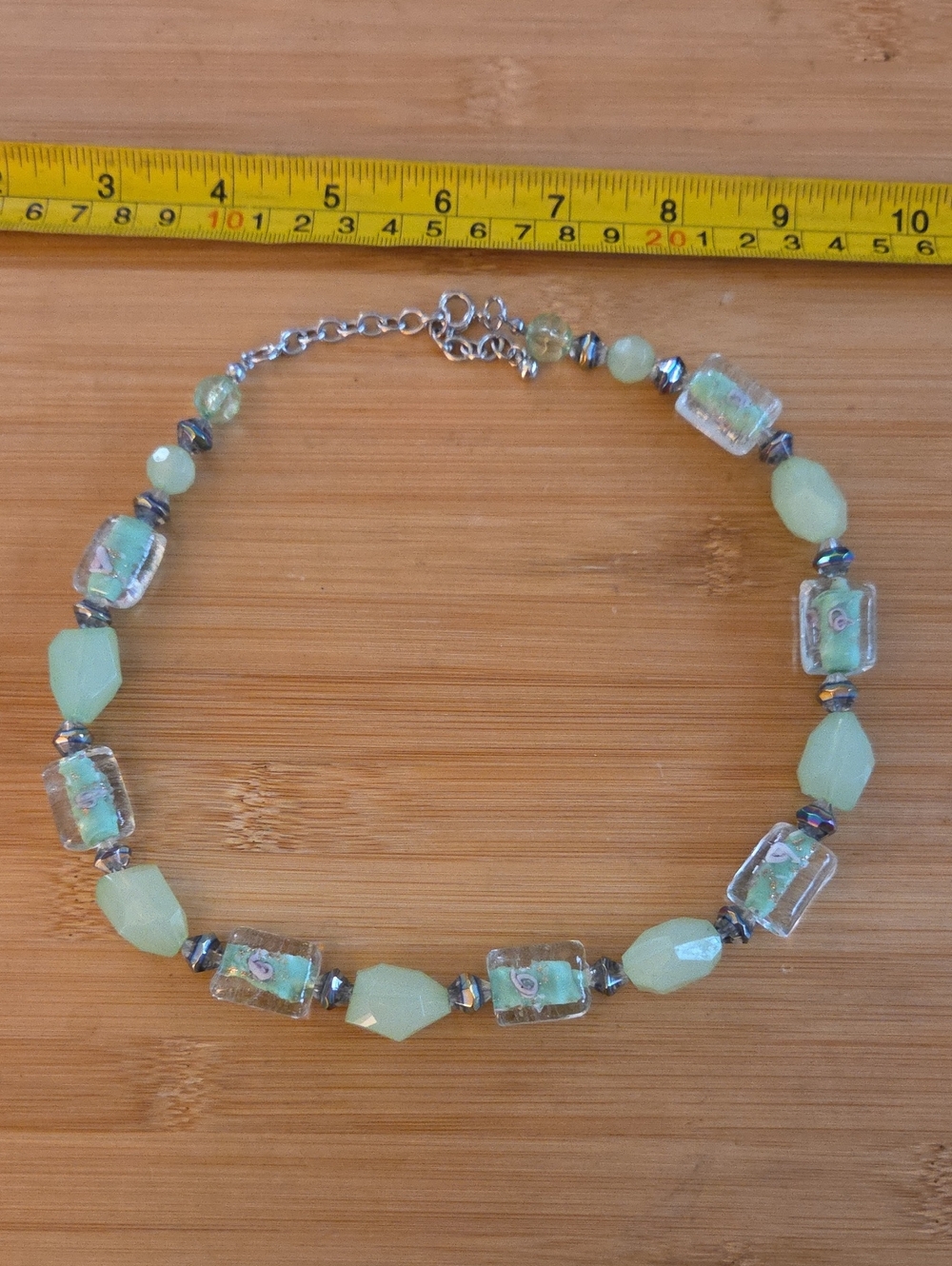 Vintage Pale Green Glass & Iridescent Bead Necklace